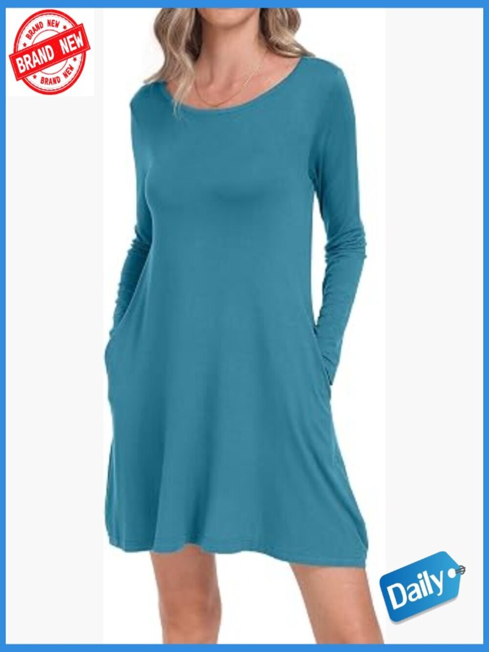 Long Sleeve Swing Dress with Pockets - Casual T-Shirt Dress